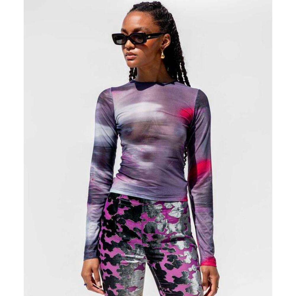 MIAOU Sheer Mesh Crewneck Long Sleeve Tee in Motion Pink, size S